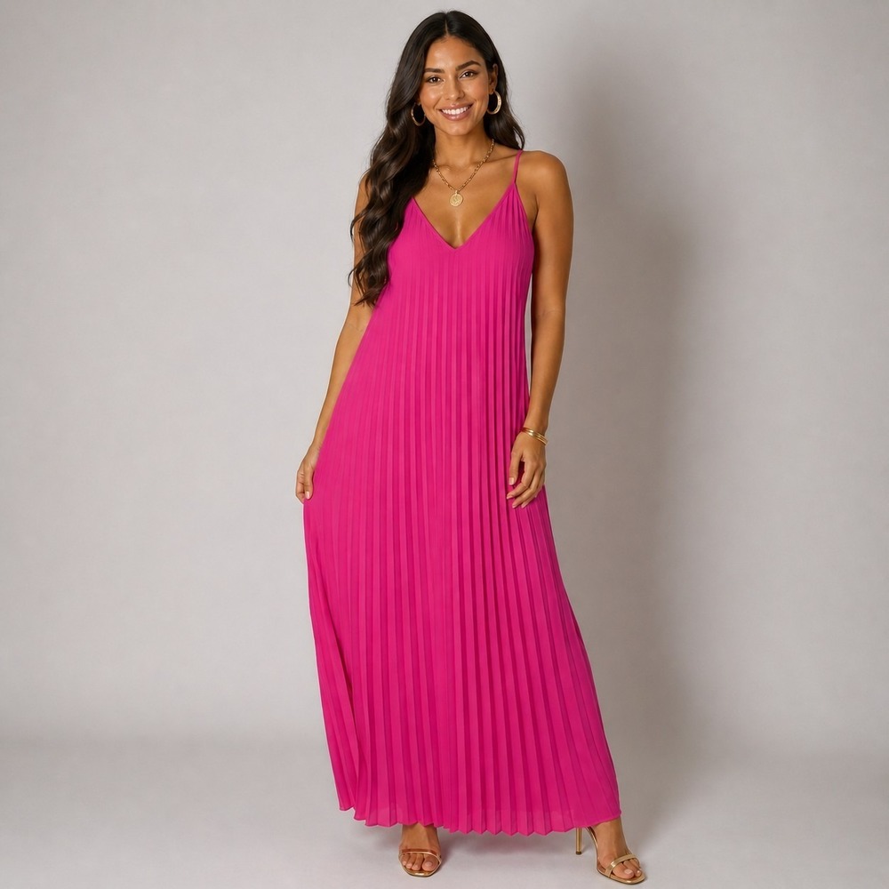 Judith March Mai Tai Maxi Pleated Dress Size L Large Magenta Pink Barbie Wedding